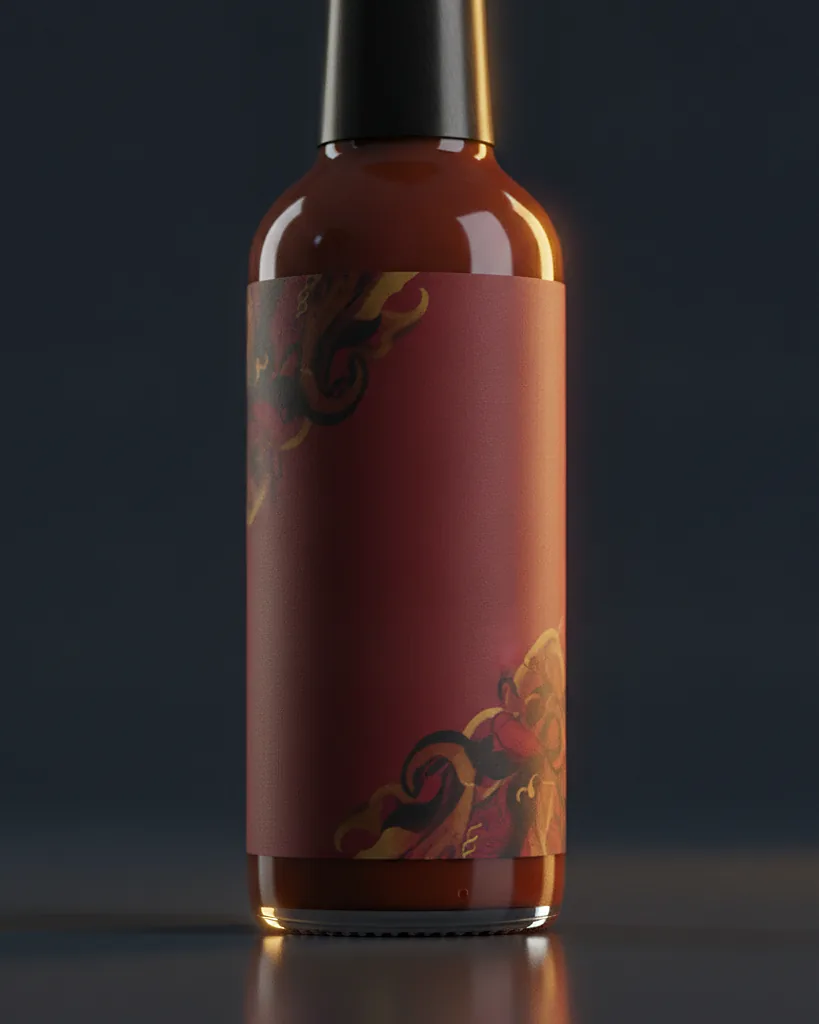 Custom hot sauce label, matte art paper with gloss lamination, on a dark navy studio backdrop
