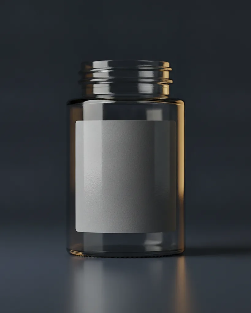 Custom jar label, matte art paper, permanent adhesive, on a dark navy studio backdrop