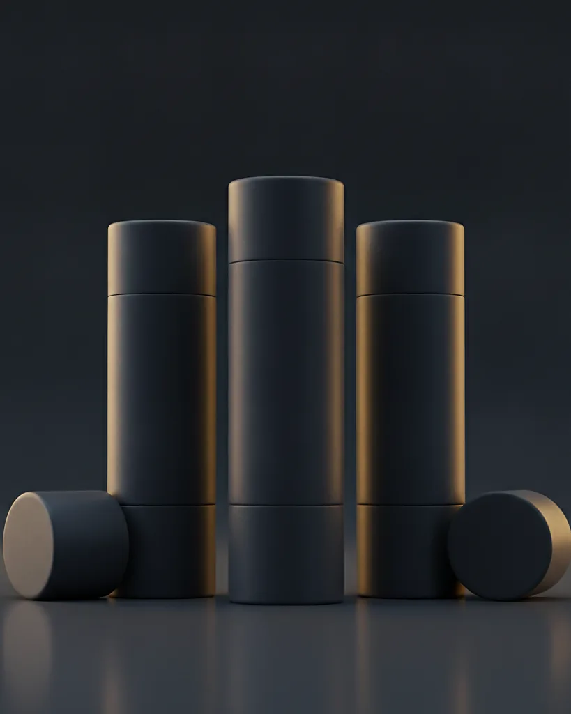 Custom lip balm tubes, spiral-wound paperboard push-up, on a dark navy studio backdrop