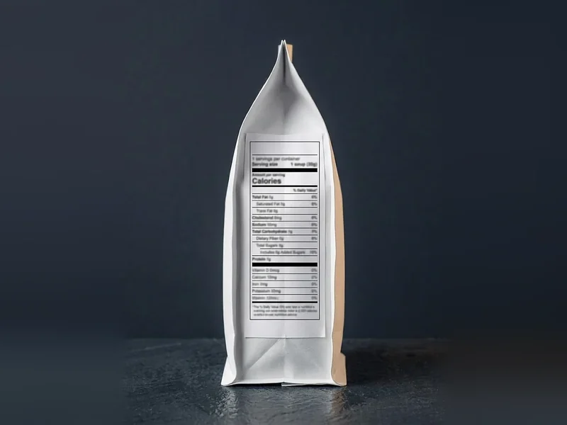 Custom nutrition label, a nutrition facts panel label on a white stand up pouch