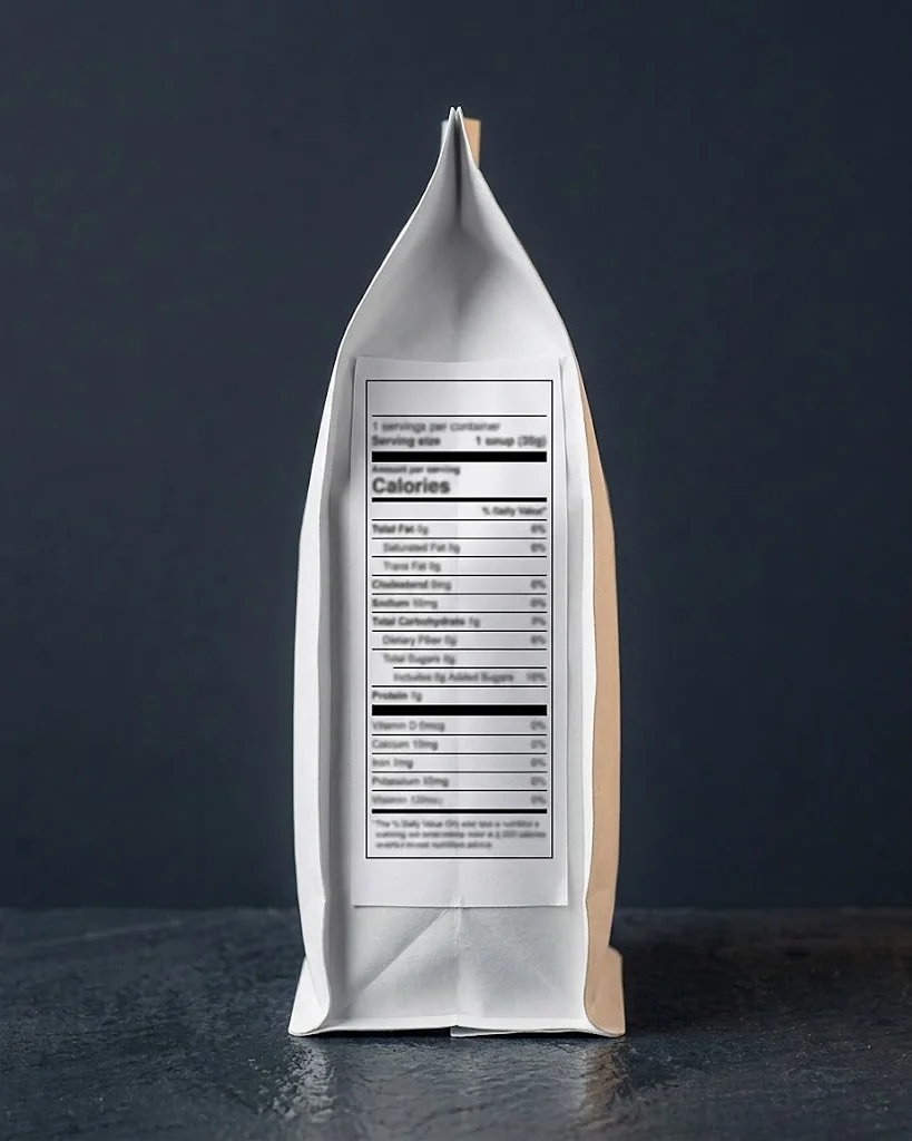 Custom nutrition label, a nutrition facts panel label on a white stand up pouch