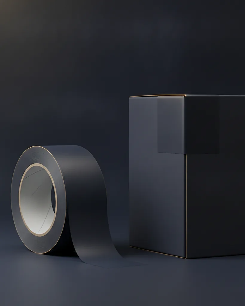 Custom packaging tape, BOPP or water-activated kraft, on a dark navy studio backdrop