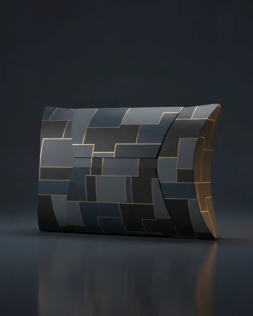 Custom pillow box, 18pt SBS, curved die-cut ends, on a dark navy studio backdrop
