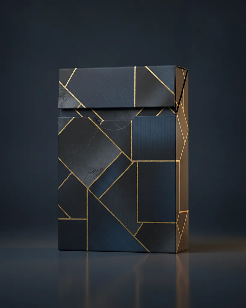 Custom playing card box, 16pt SBS, tuck-end closure, on a dark navy studio backdrop