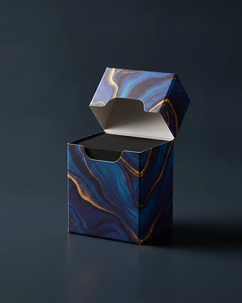 Custom playing card box, close-up of the edge, surface texture and finish