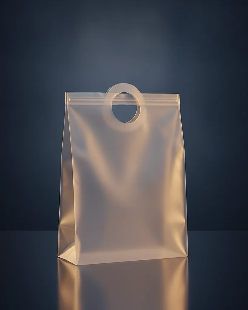 Custom printed poly bag, 1.5 to 2 mil poly film, on a dark navy studio backdrop