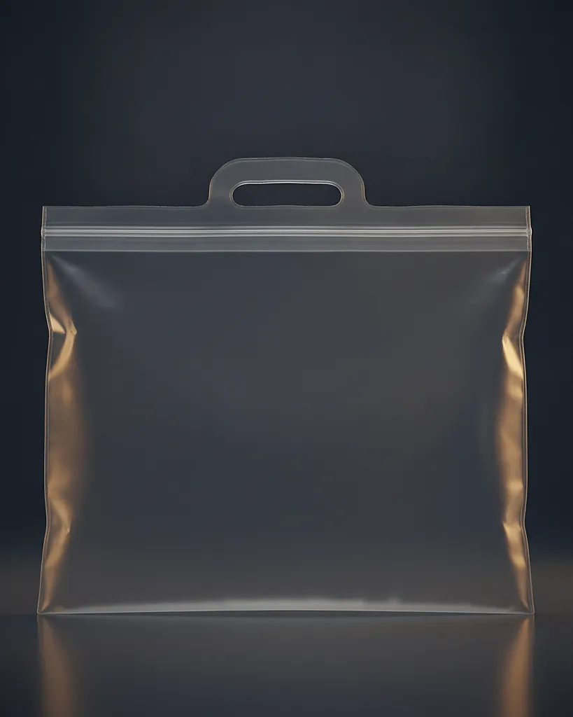 Custom printed poly bag, close-up of the edge, surface texture and finish