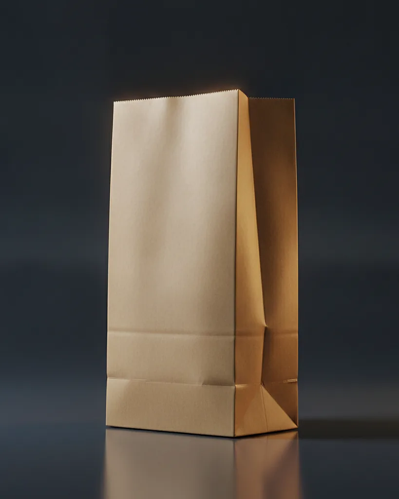 Custom popcorn bag, grease-resistant paper, flat or flat-bottom, on a dark navy studio backdrop