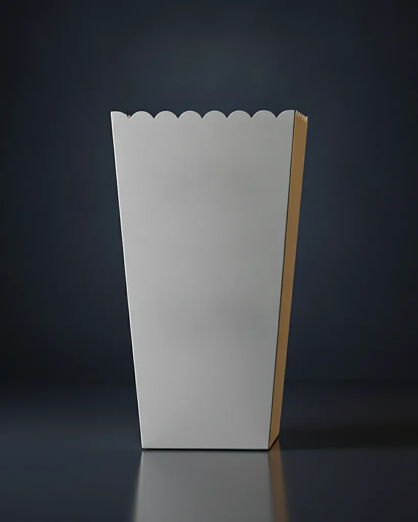 Custom popcorn box, grease-resistant SBS, fold-out top, on a dark navy studio backdrop