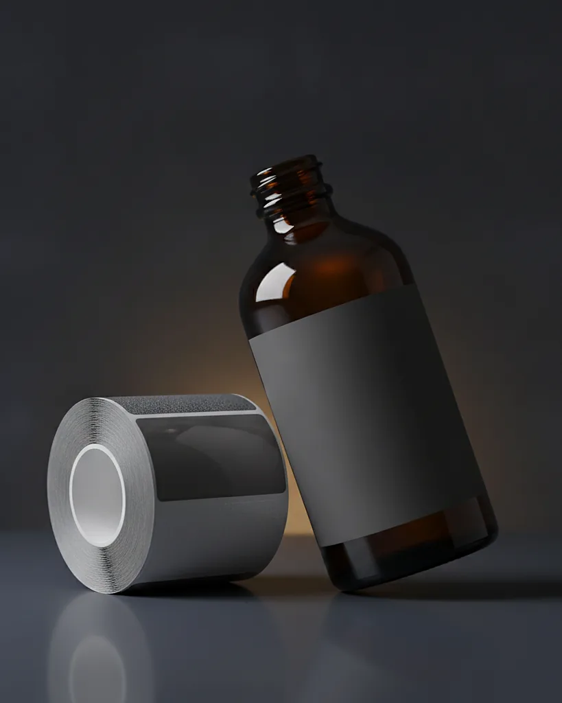 Custom product label on a roll, matte art paper with permanent adhesive