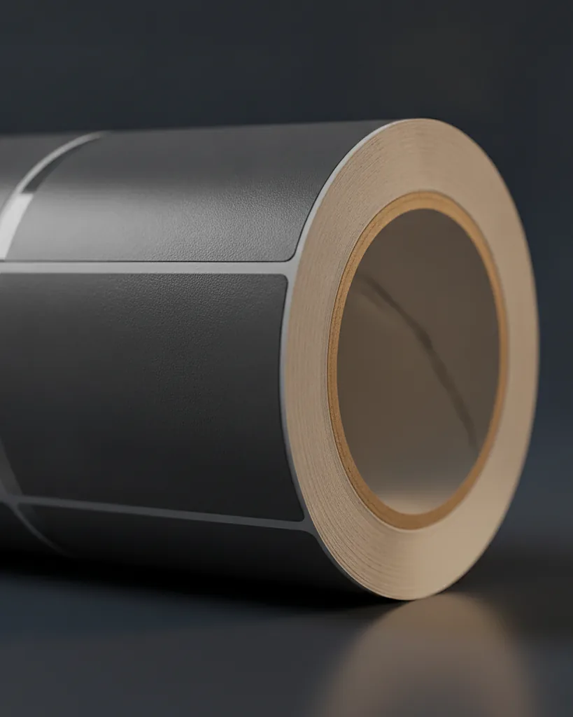 Custom product label (roll), close-up of the edge, surface texture and finish