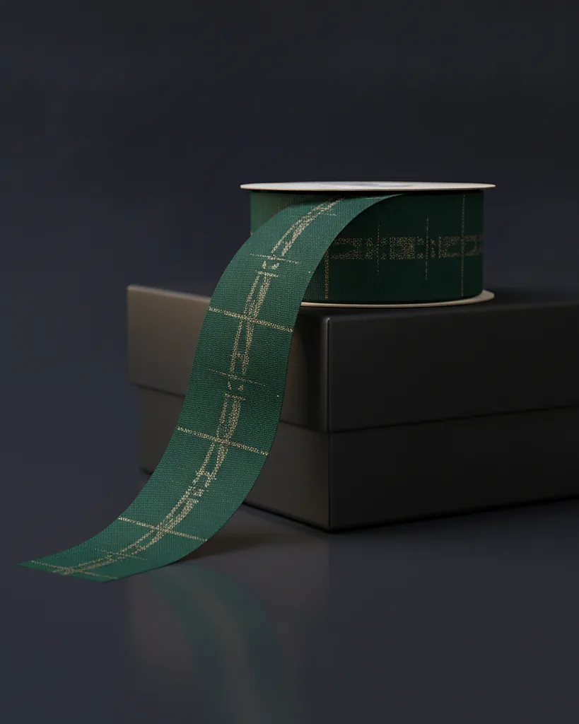 Custom printed ribbon, satin or grosgrain, repeat print, on a dark navy studio backdrop