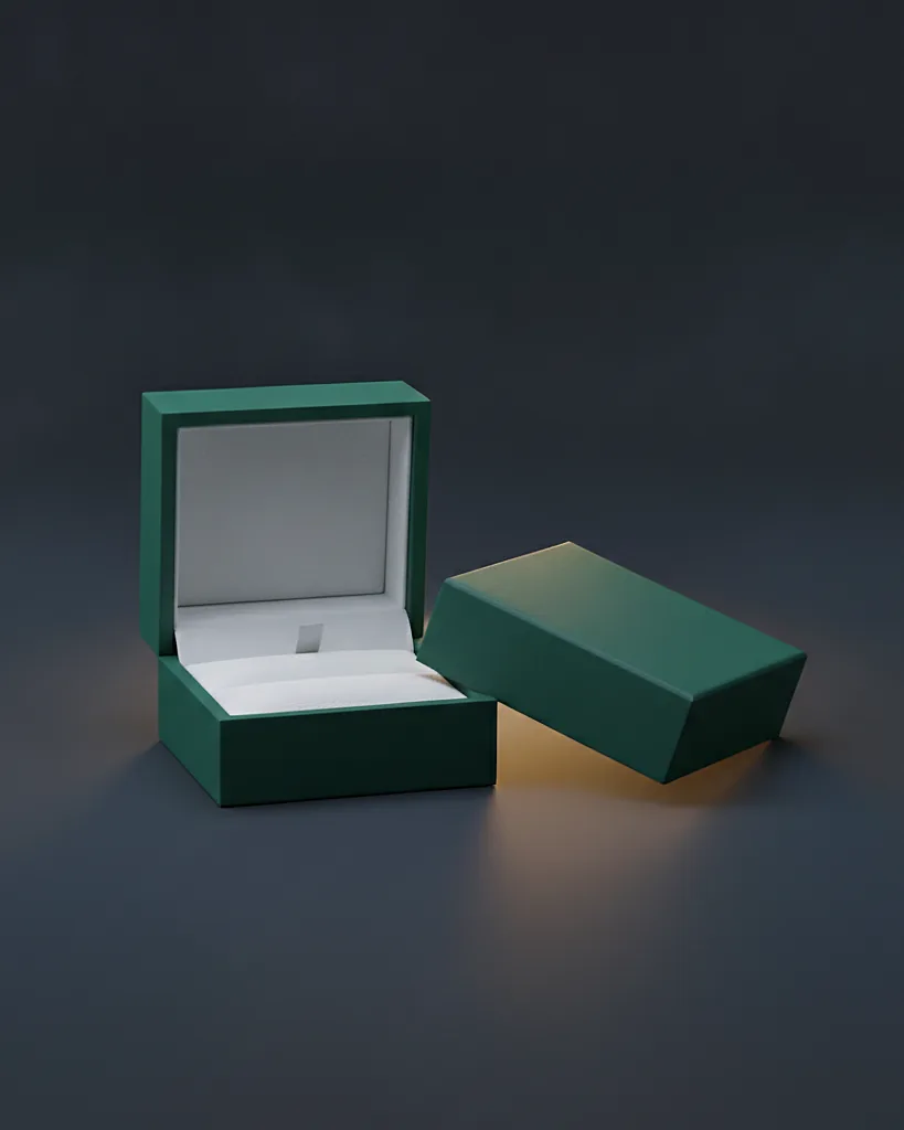 Custom ring box, 1000 gsm rigid board, slotted foam insert, on a dark navy studio backdrop