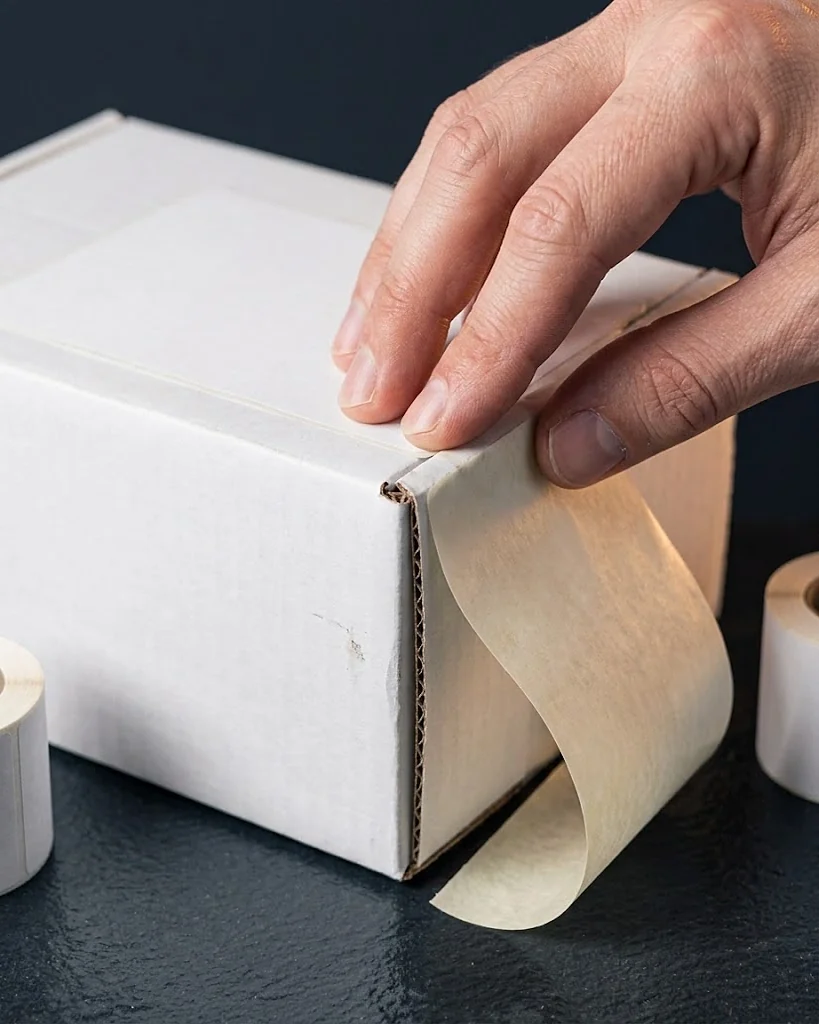 Custom shipping label being pressed onto a white corrugated mailer box with the backing liner peeled away
