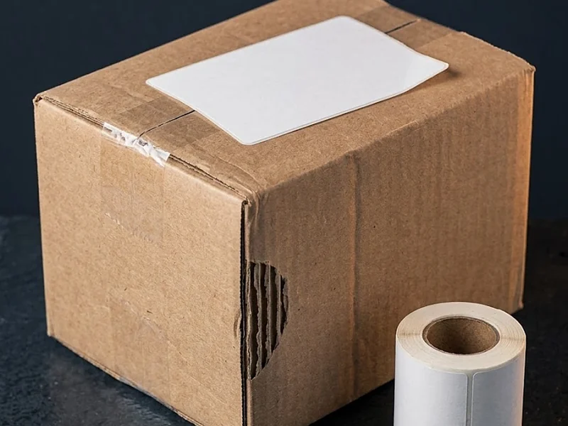 Custom shipping label, a blank white matte 4 x 6 inch label on a kraft corrugated shipping box beside a label roll