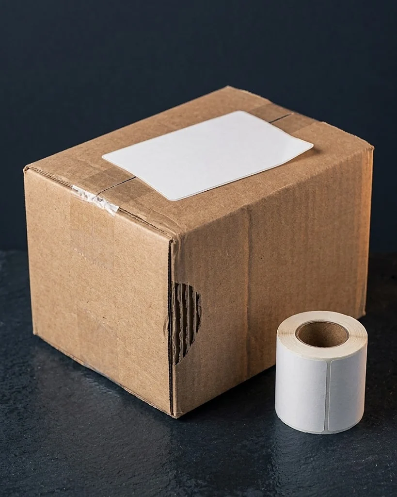 Custom shipping label, a blank white matte 4 x 6 inch label on a kraft corrugated shipping box beside a label roll