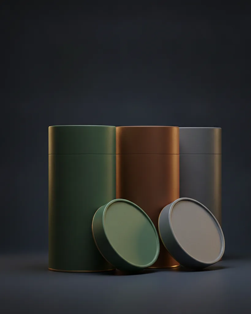 Custom shipping tubes, spiral-wound kraft paperboard, on a dark navy studio backdrop