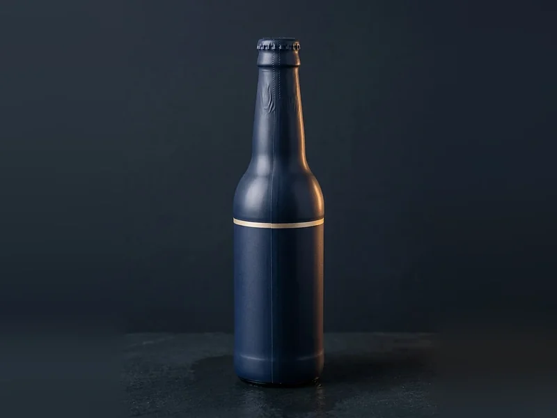 Custom shrink sleeve covering a glass bottle from base to neck in matte navy with a gold band