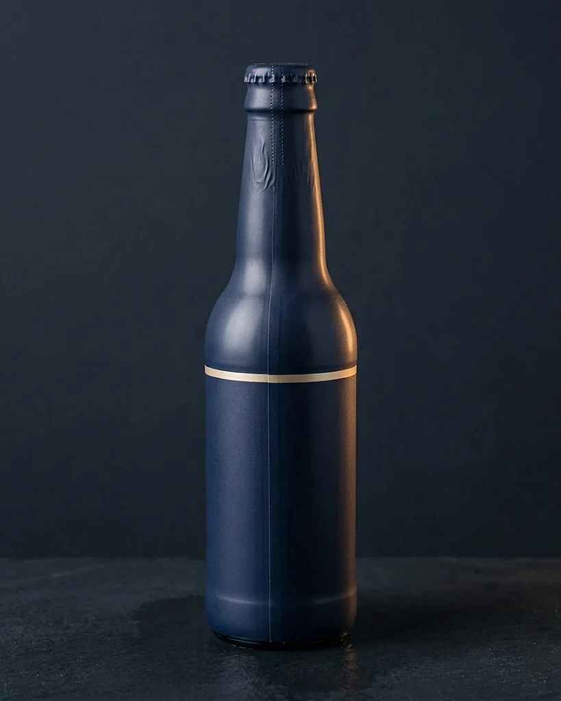 Custom shrink sleeve covering a glass bottle from base to neck in matte navy with a gold band