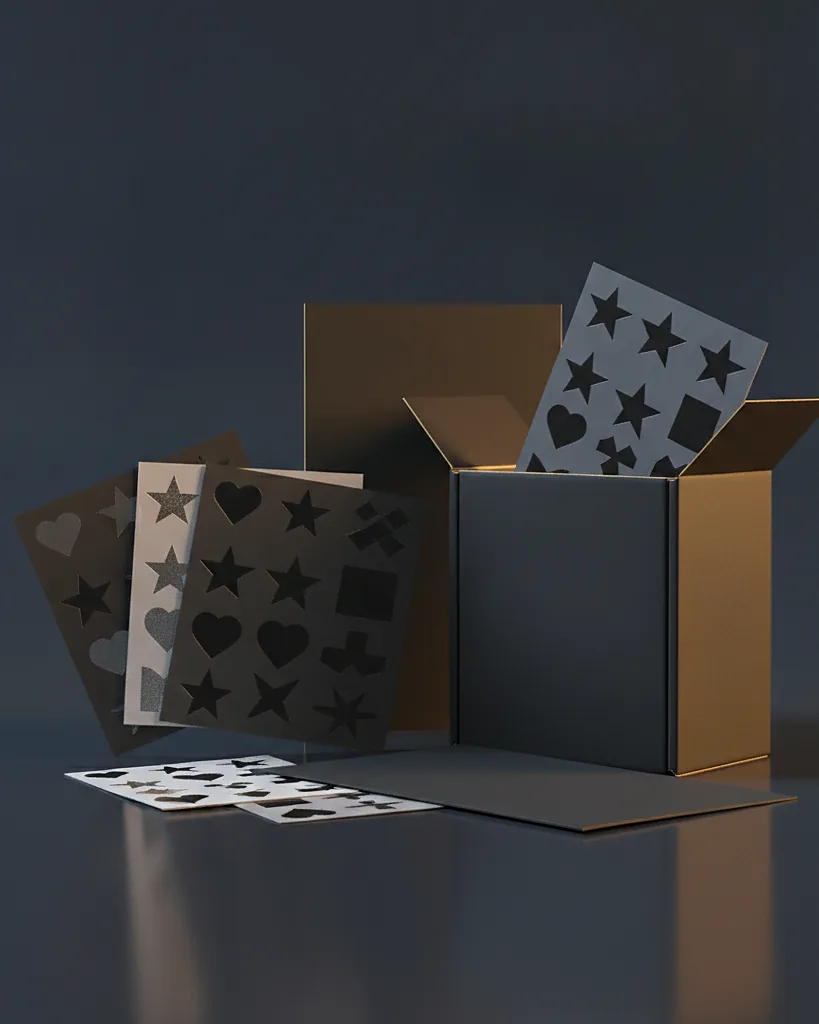 Custom sticker sheets, matte stock, kiss-cut, on a dark navy studio backdrop