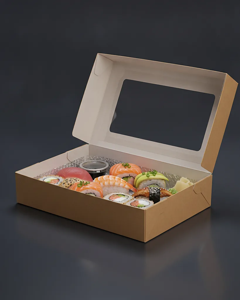 Custom sushi box, close-up of the edge, surface texture and finish