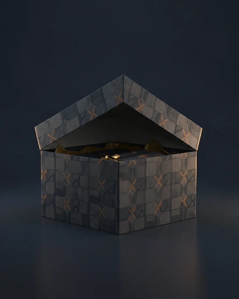 Custom swag box, E-flute corrugated, multi-item fit, on a dark navy studio backdrop