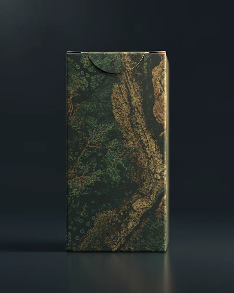 Custom tincture box, 18pt SBS, dropper-bottle fit, on a dark navy studio backdrop