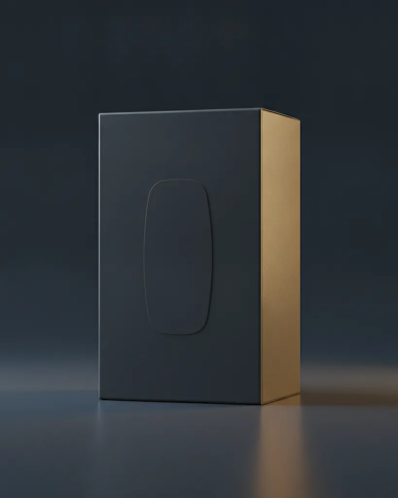 Custom tissue box, 18pt SBS paperboard, gloss lamination, pop-up dispensing slot, on a dark navy studio backdrop