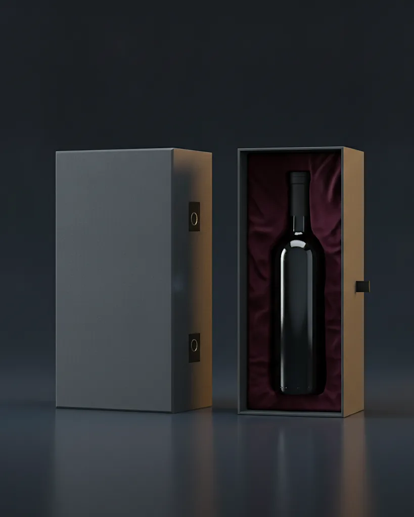 Custom wine gift box, 1200 gsm grayboard, linen wrap, fitted bottle cradle, on a dark navy studio backdrop