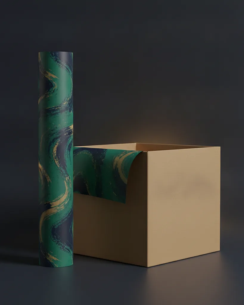 Custom wrapping paper, 80gsm coated one side, on a dark navy studio backdrop