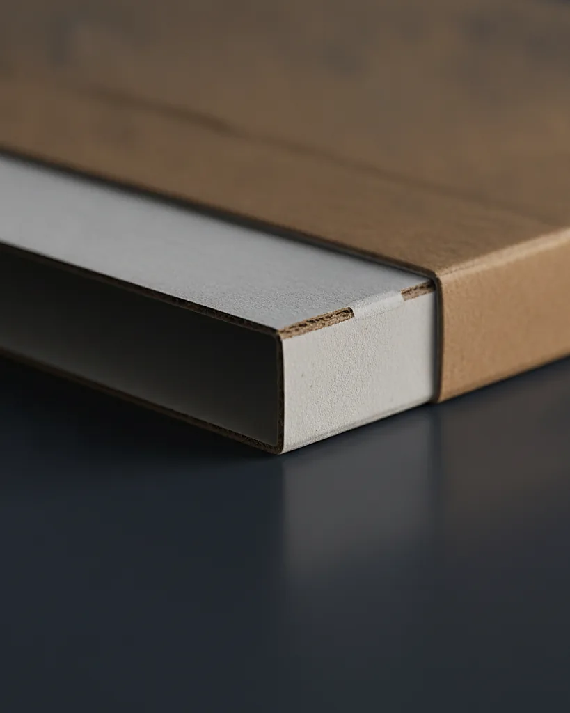 Custom die cut paperboard insert, close-up of the edge, surface texture and finish