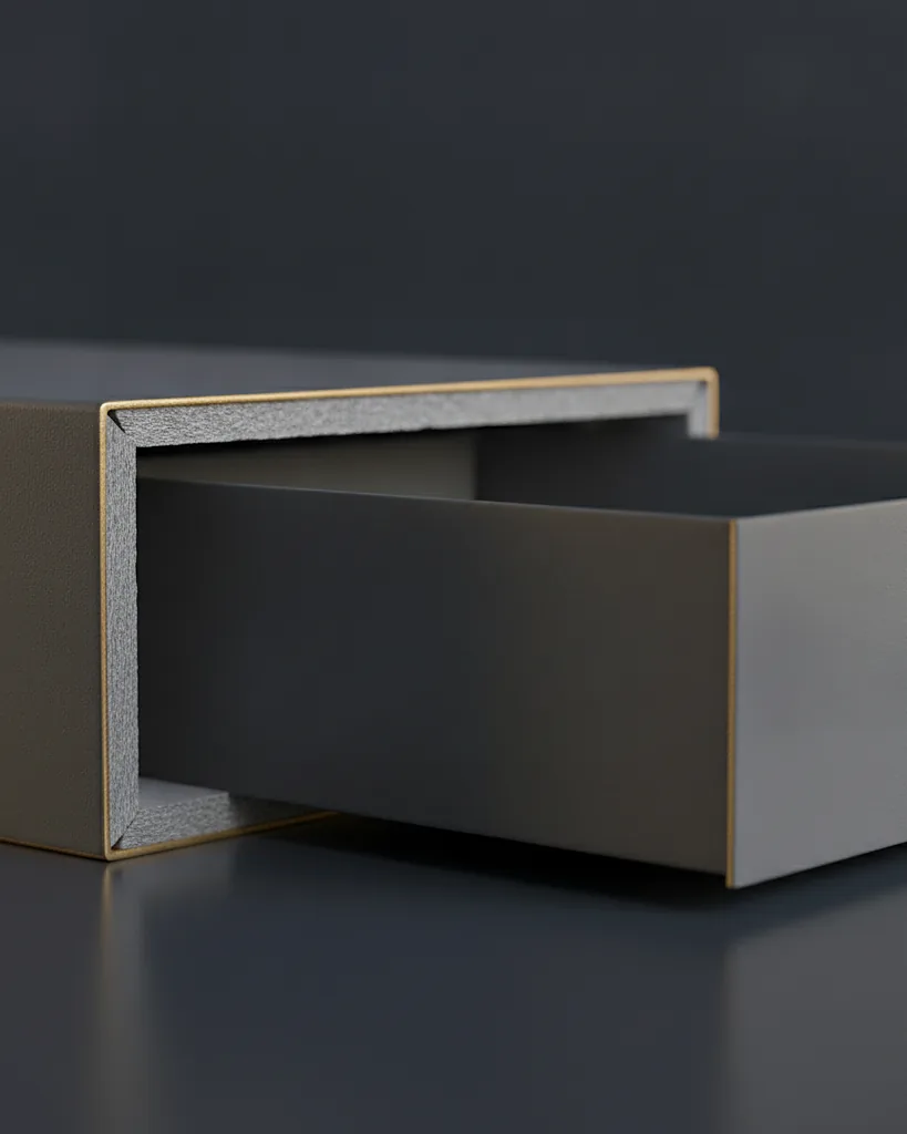 Custom drawer box, close-up of the edge, surface texture and finish