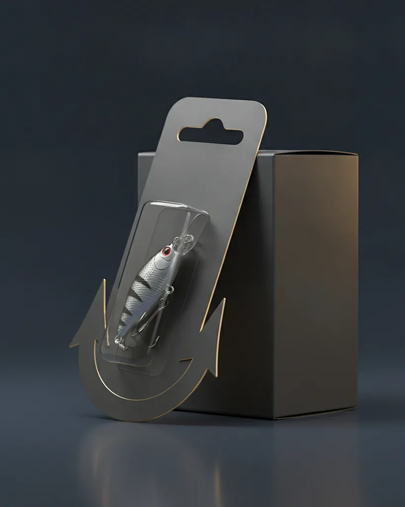 Custom fishing lure packaging, 18pt C1S board, blister or carton format, on a dark navy studio backdrop