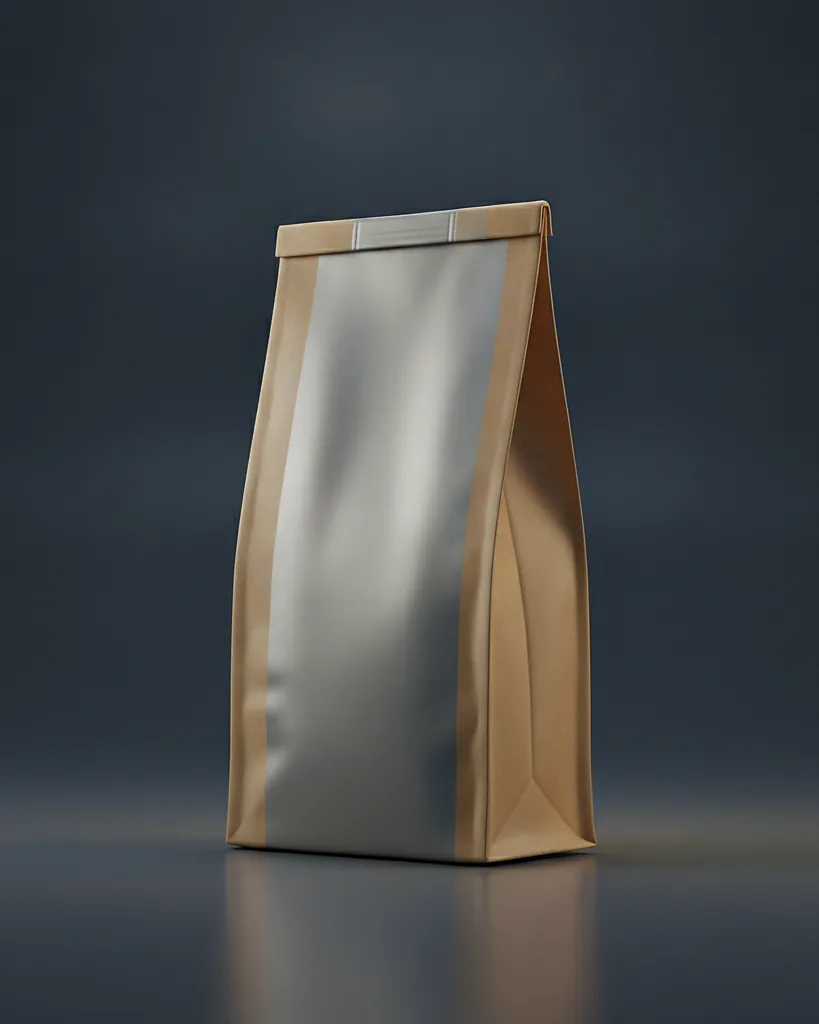 Custom flat bottom pouch, high barrier laminate, on a dark navy studio backdrop