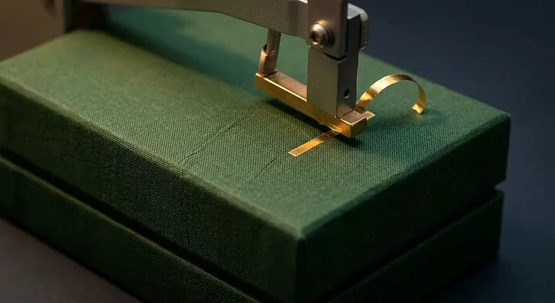 Gold foil being stamped onto a custom green linen rigid box