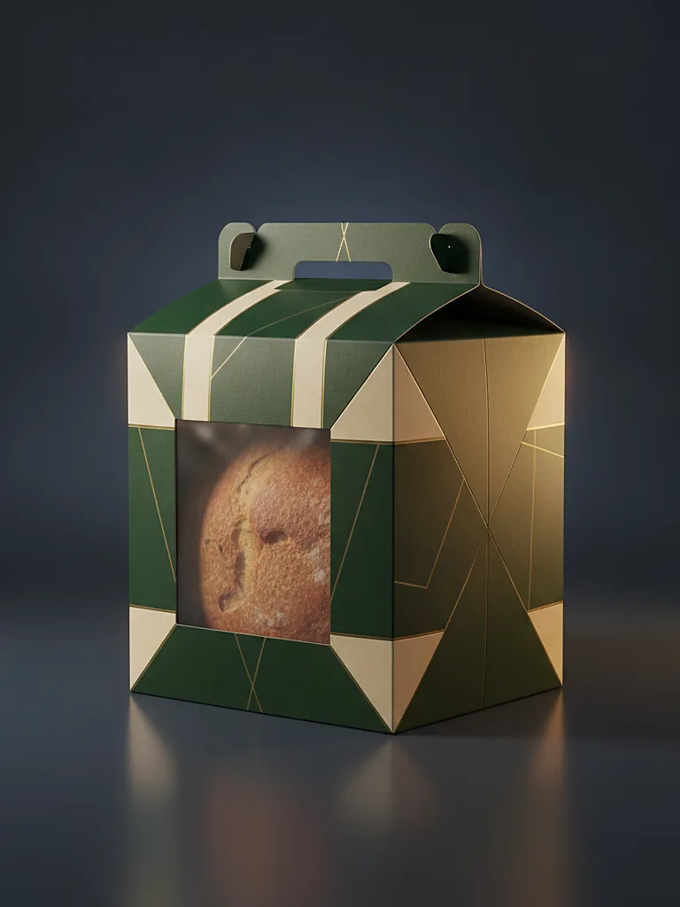 Custom printed gable food box with a carry handle and a window showing baked goods