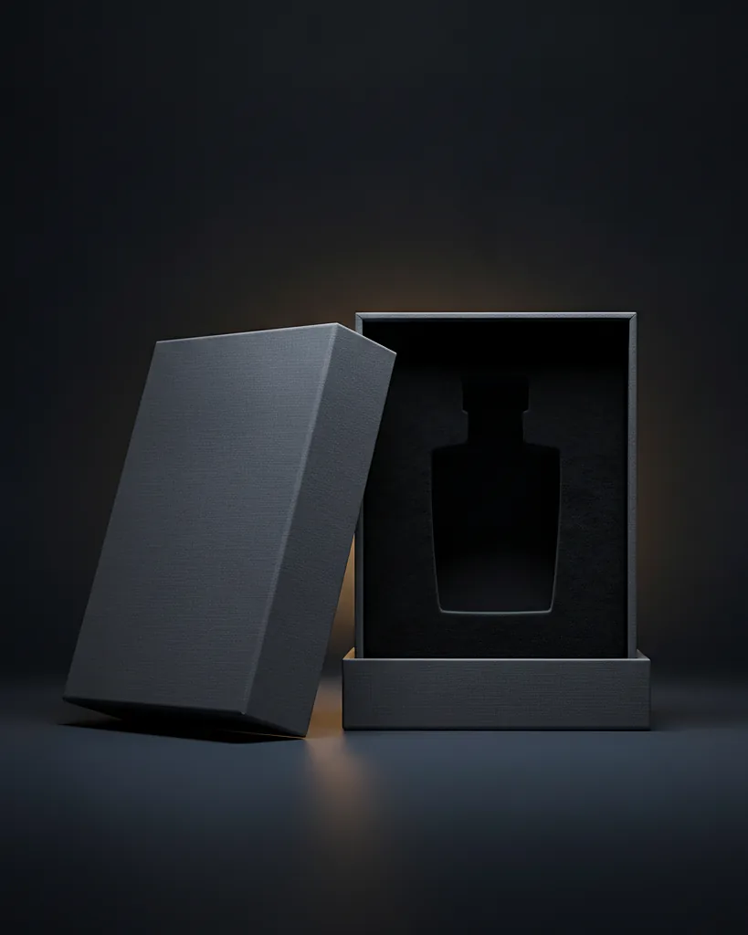 Custom fragrance box with insert, 1200 gsm, fitted insert, on a dark navy studio backdrop