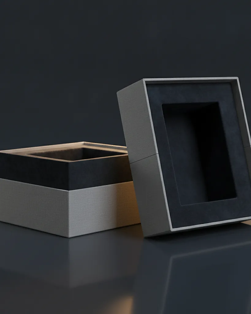 Custom fragrance box with insert, close-up of the edge, surface texture and finish
