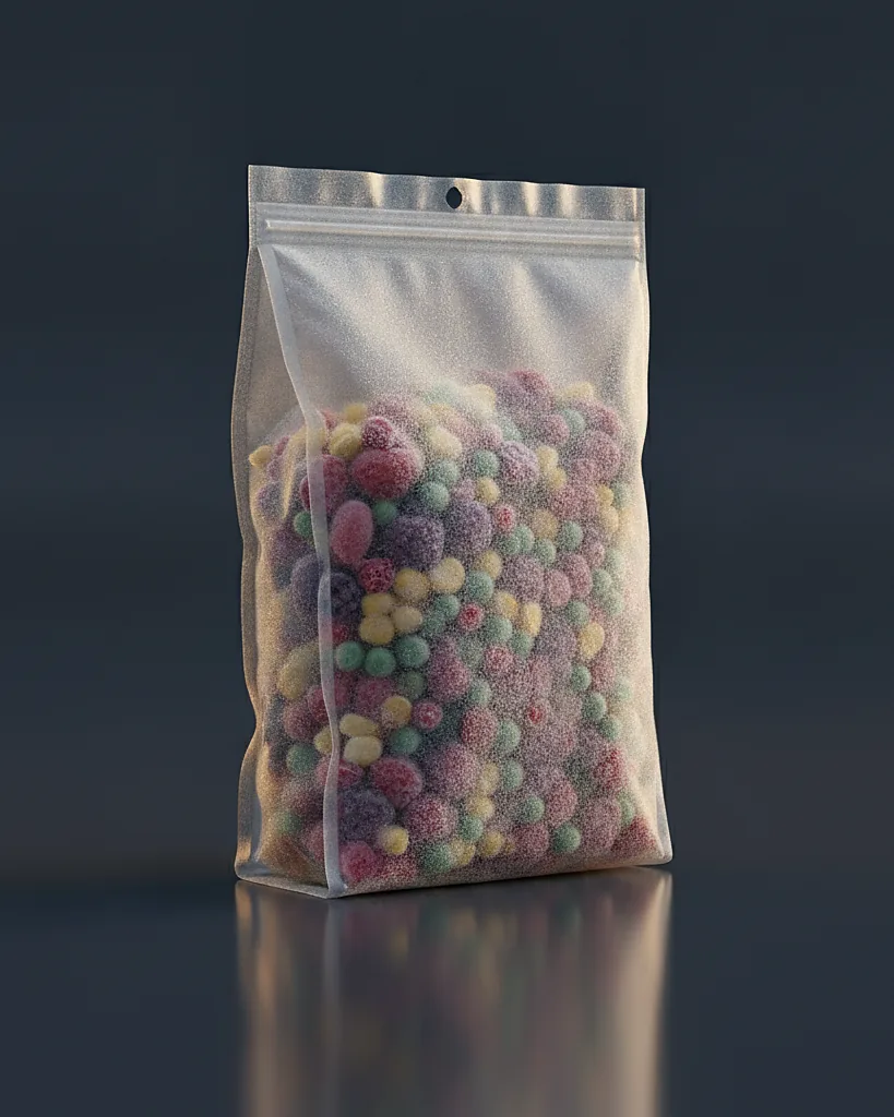 Custom frozen food bag, freezer-grade barrier film, resealable zipper, on a dark navy studio backdrop