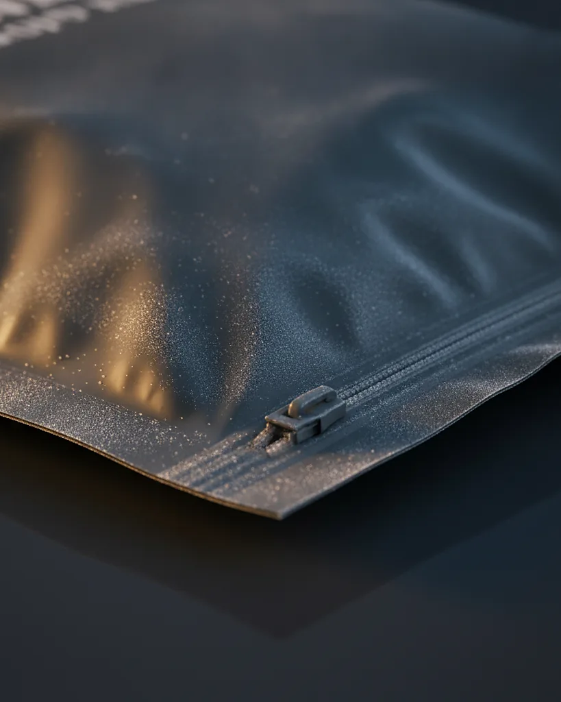 Custom frozen food bag, close-up of the edge, surface texture and finish