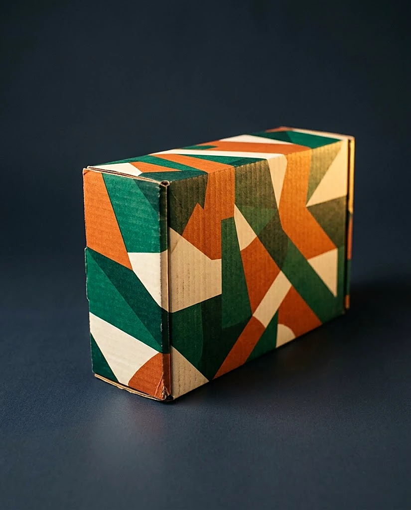 Custom full color printed mailer box, closed, bold abstract emerald, orange and cream pattern
