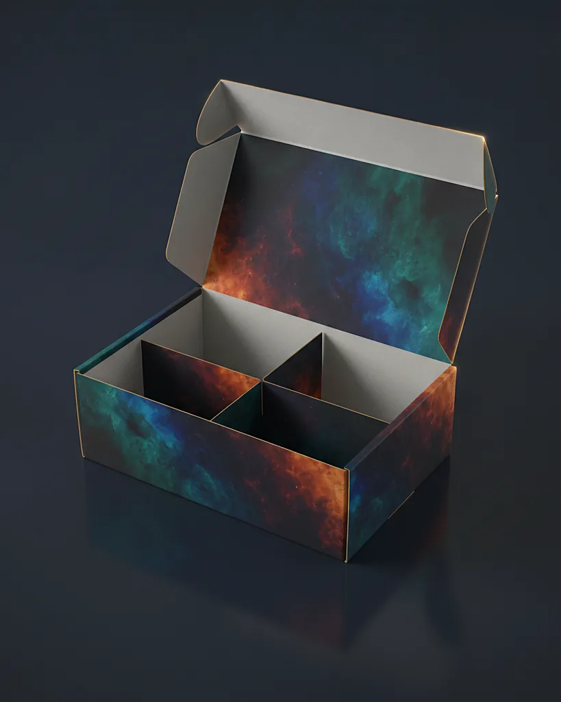 Custom full color printed mailer box, close-up of the edge, surface texture and finish