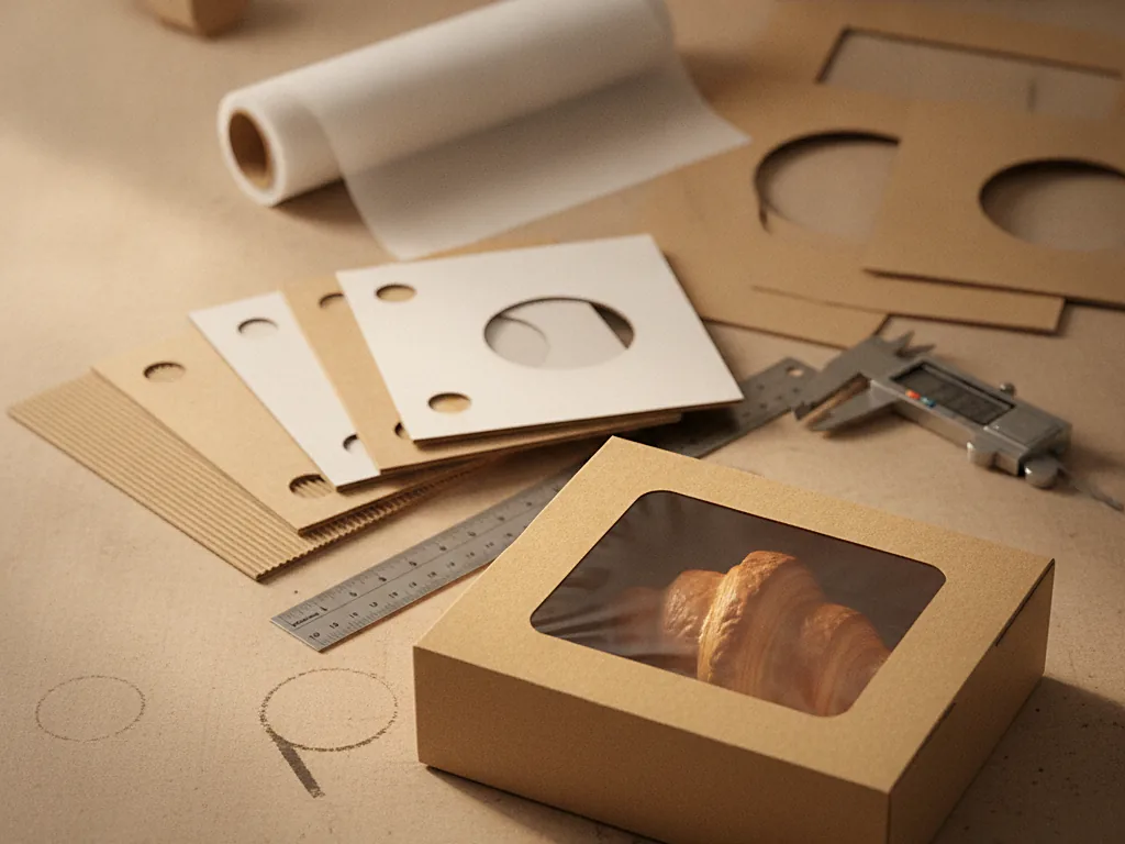 Custom kraft bakery box with a window, pastries inside, beside cut board samples and a caliper