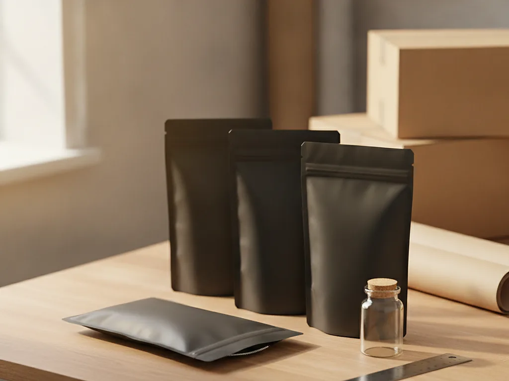 Custom black mylar bags standing on a workbench with kraft boxes and a small glass jar