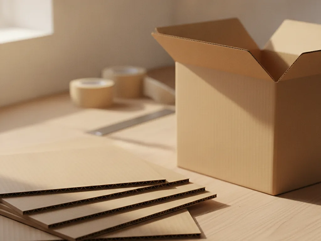 Custom corrugated shipping box with corrugated board samples stacked beside it