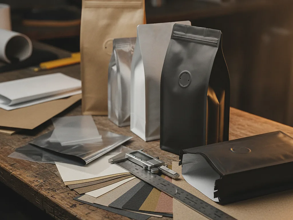 Custom coffee bags in kraft, white and black with valves, beside film swatches and a ruler