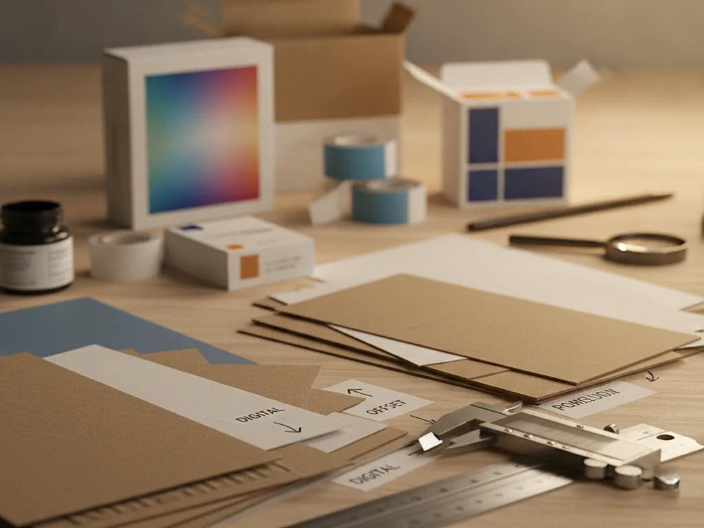 Custom printed cartons, color swatches and a caliper on a print proofing desk