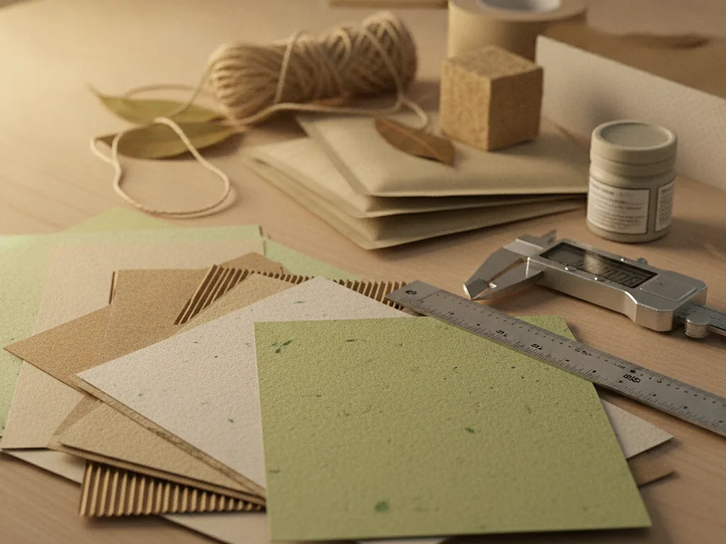 Custom kraft and recycled board swatches, twine and a caliper on a wooden workbench