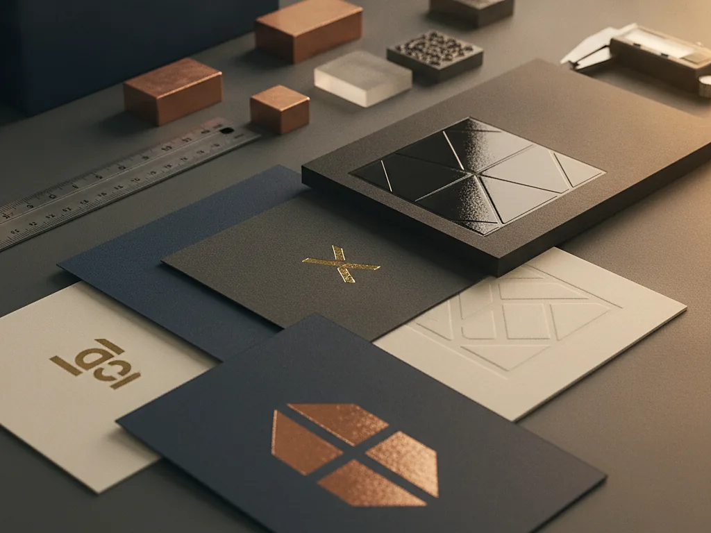 Custom packaging samples showing copper foil, gold foil, spot UV and embossed patterns