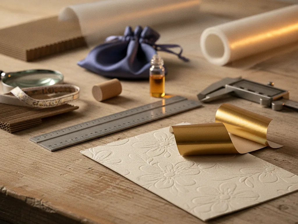Custom embossed wrap paper, gold foil, a velvet pouch and a fragrance vial on a workbench